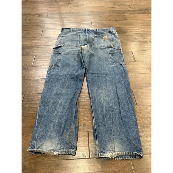 Vintage Carhartt Mens Blue Carpenter Double Knee Denim Jeans Size 42x32 B07 DNM - Picture 3 of 14